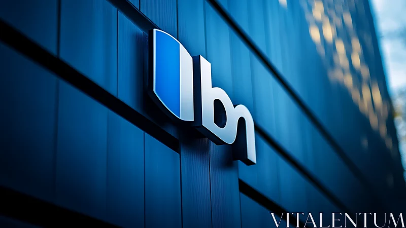 Modern blue corporate building facade with illuminated 3D logo sign.