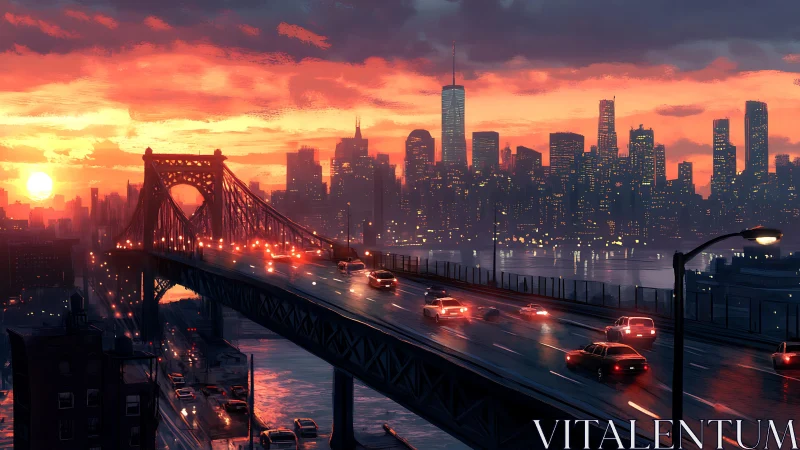 Rush hour headlights chase the molten sunset over the city