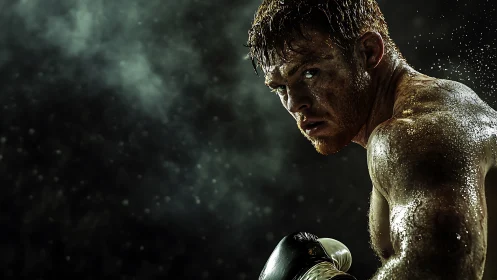 Gritty Combat Portrait: Perspiring Boxer in Low-Key Dramatic Lighting.