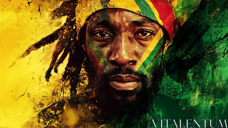 Male face centered between yellow and green textured fields