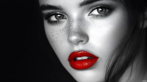 Monochrome female portrait with vivid red glossy lips focus.