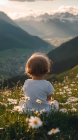 Little child quietly enjoys a sunlit mountain meadow view