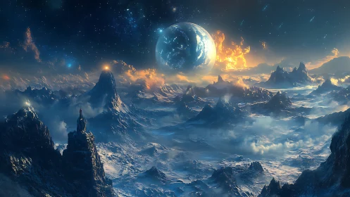 Cryogenic exoplanet basin under dual-spectrum stellar flare.