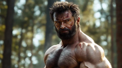 Battle-scarred forest warrior studies silence between heartbeats