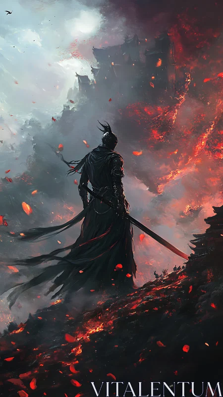 Lone samurai before burning citadel in swirling embers.
