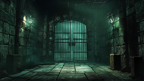 Dungeon gate corridor under cold teal torchlight.