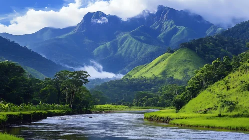 Lush river valley below mist-capped emerald mountain peaks.