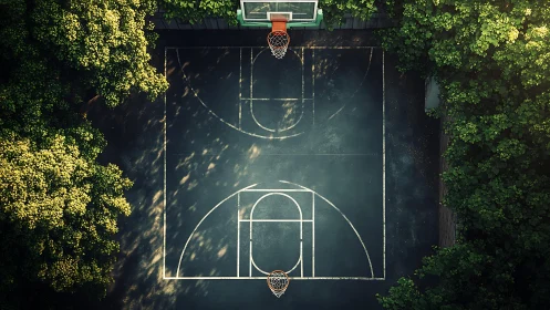 Urban basketball court hides within dense green canopy.
