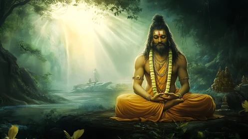 Forest hermit in luminous meditative equilibrium under shafts.