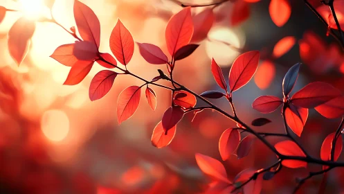 Vibrant red autumn leaves glowing in soft sunset light, artistic style.