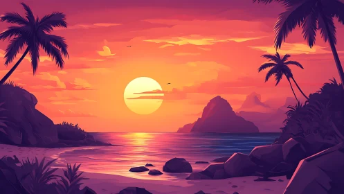 Digital painting of tropical sunset bay with stylized silhouettes.