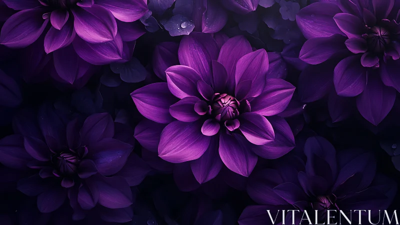 Purple Dahlias in Layered Blooms Against Dark Background.