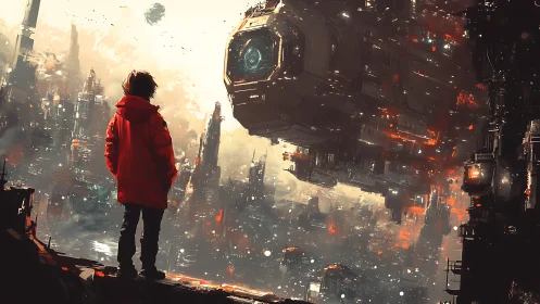 Red-coated observer confronting massive orbital carrier over city.