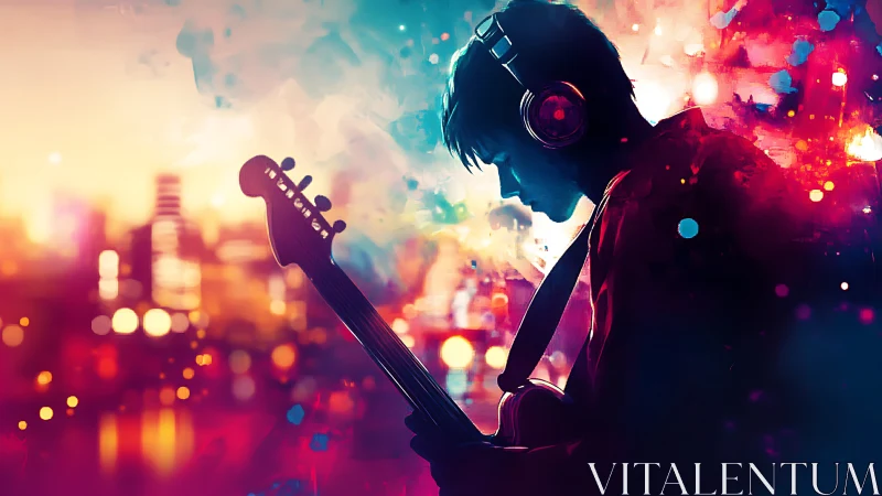 Silhouetted guitarist with headphones in abstract cityscape.