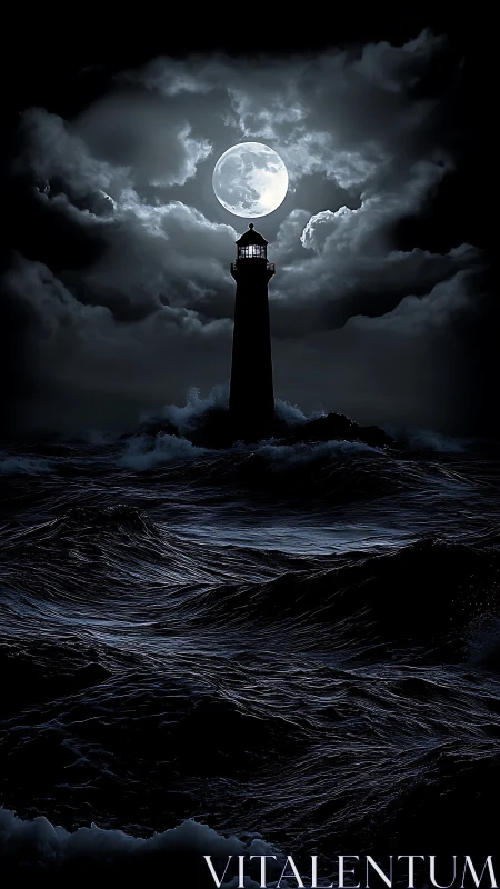 Moonlit lighthouse carves silver paths through storm-black sea