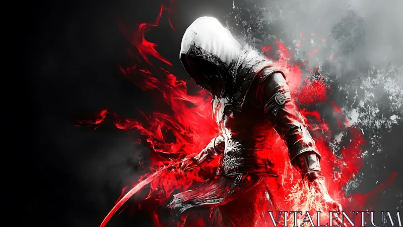 Hooded figure with red energy forms against dark ground.