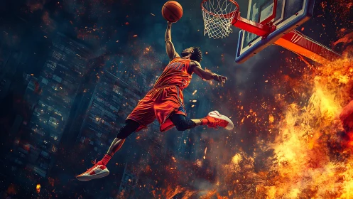 Skybound baller ignites a firestorm slam over burning court.