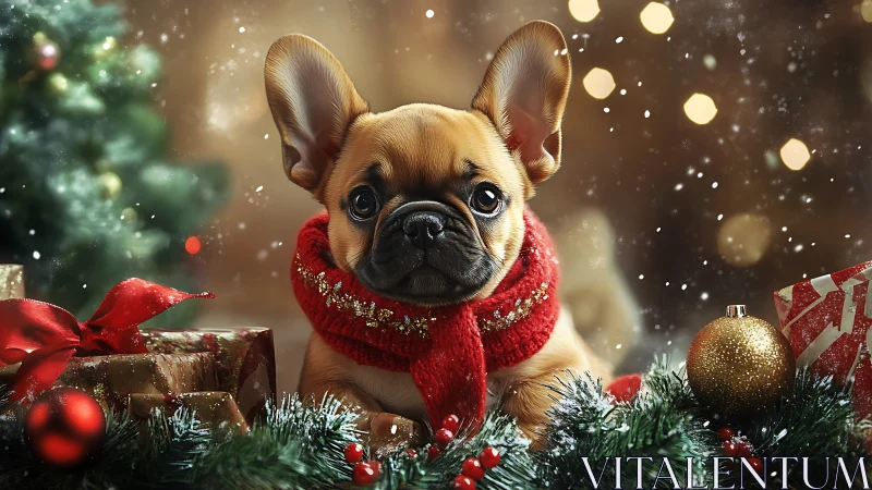 Small dog wearing red scarf sits among festive objects