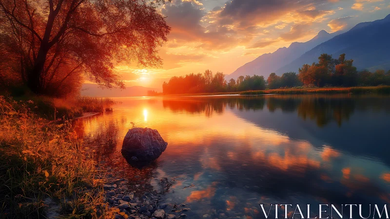 High-saturation lake sunset with specular water reflections and haze