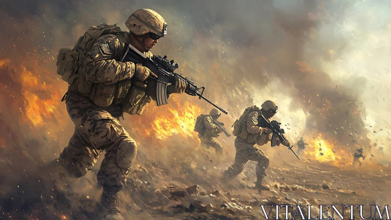 Digital combat squad charging through explosive battlefield.