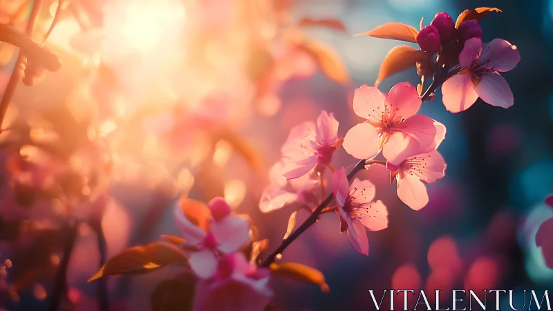 Photorealistic close view records pink blossoms in backlight