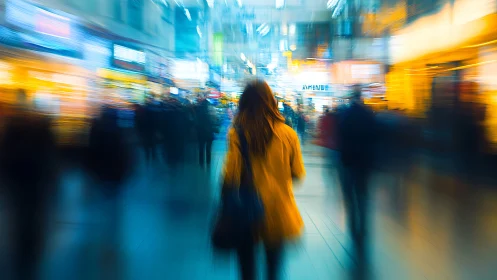 Woman moves through neon city crowd in motion blur.