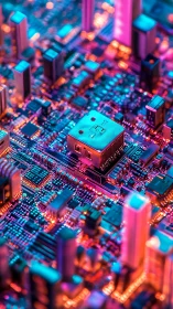 Neon cityscape overclocked across dense circuit board.