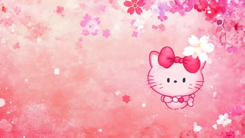 Sweet pink kitten floating in a dreamy blossom sky.