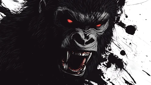 Snarling ink-splattered gorilla unleashed in brutal contrast.