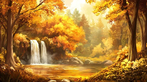 Cascading Waterfall in Golden Autumn Forest Landscape.