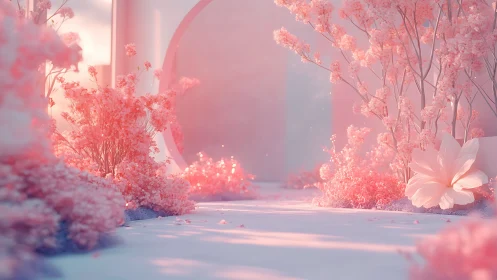 Pastel floral corridor rendered in soft cinematic light.