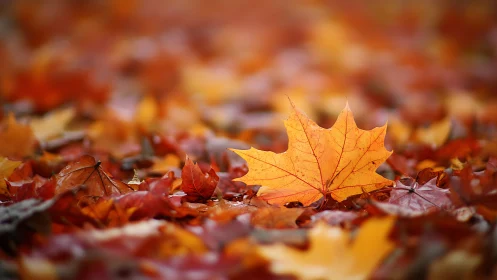 Golden maple leaf rests amid soft blurred autumn ground.