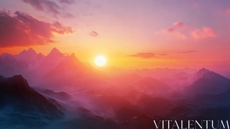 Radiant alpine sunrise illuminates atmospheric misty ridges