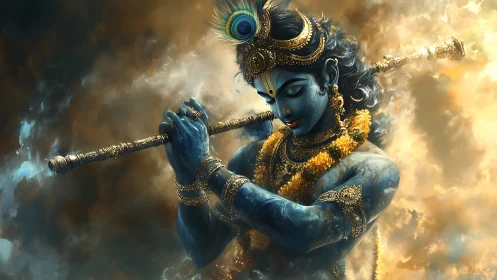 Celestial blue flutist crowned in swirling golden clouds.