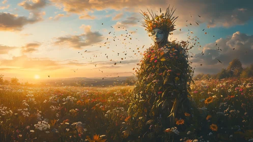 Floral nature spirit emerging in radiant golden sunset meadow.