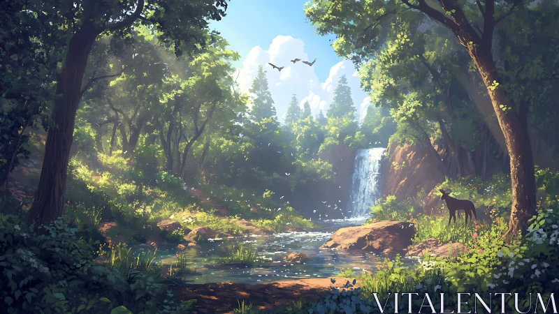 Forested valley with waterfall, stream, and wildlife