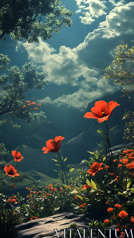 Scarlet wildflowers glow under dramatic stormlit sky.