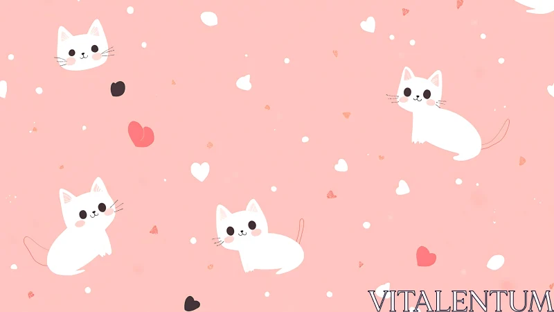 Minimalist Cat Pattern on Soft Pink Background with Heart Elements.