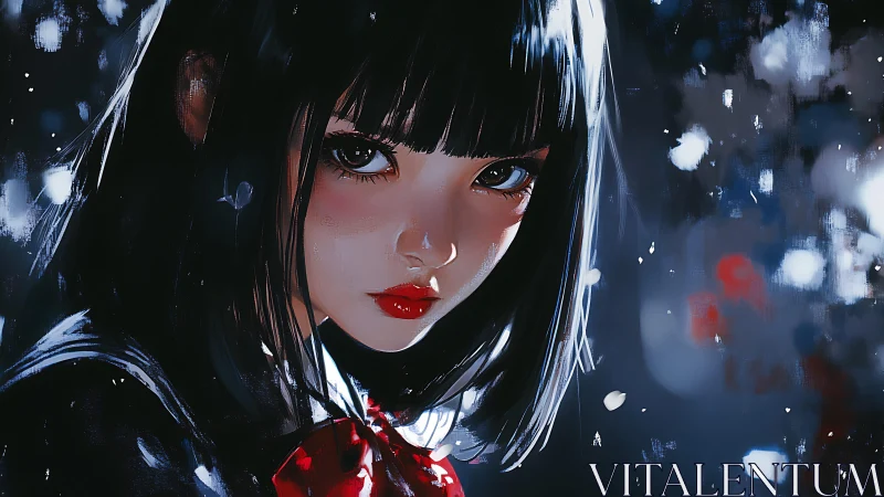 Midnight gaze holds a quiet story in the falling snow