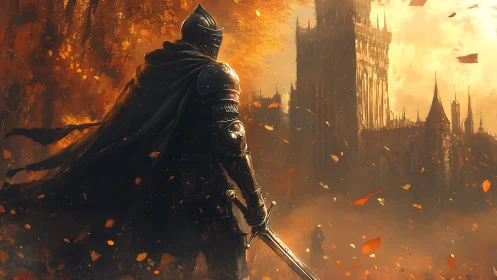Autumn-lit armored knight quietly watches a distant castle