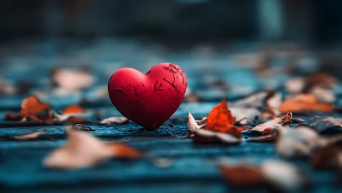 A Crimson Heart Rests Gently Surrounded by Autumn Leaves
