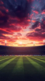 Sunset stadium hush beneath blazing painted skyfield.
