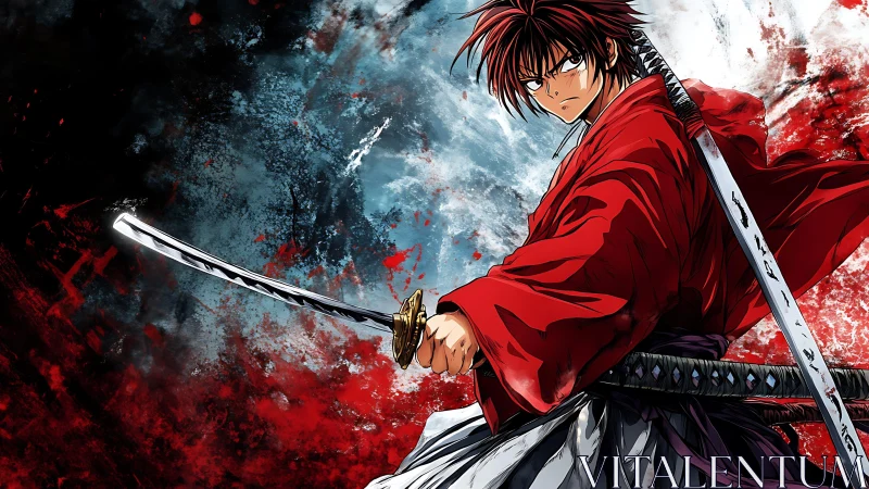 Samurai swordsman in red kimono against abstract backdrop.