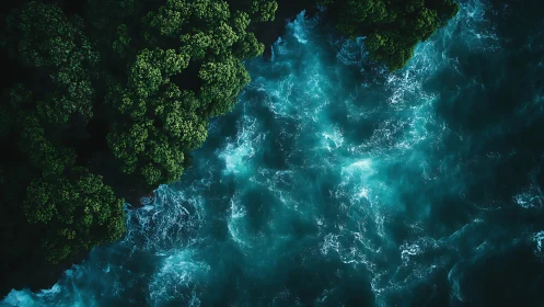 Aerial view isolates forest coastline against turbulent teal surf