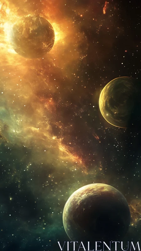 Triple planet alignment within burning nebula field.