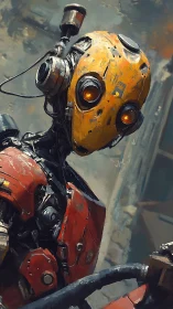 Weathered yellow robot pauses in a quiet industrial alleyway.