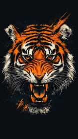 Stylized roaring tiger head on dark contrasting background.