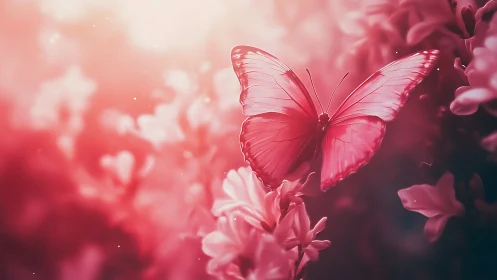 Crimson butterfly hovering over soft-focus blossom field.