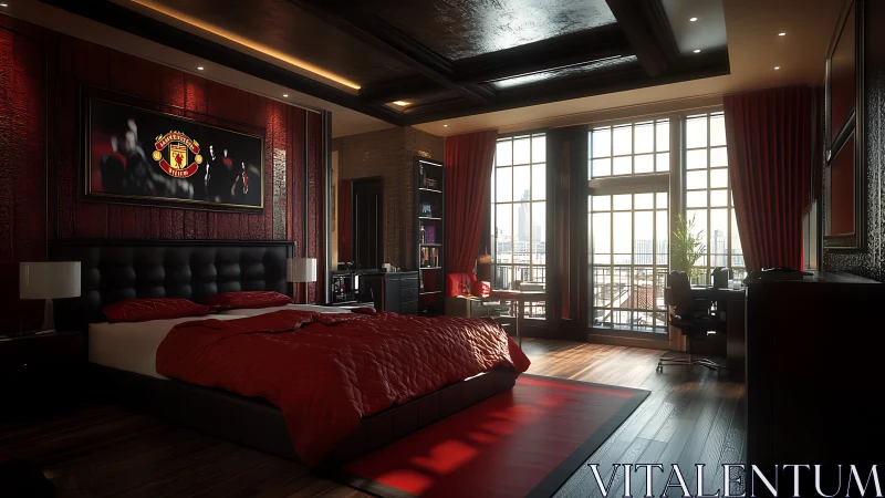 Luxury bedroom with red decor and large city view windows.