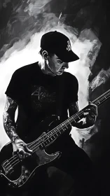 Monochrome electric bassist playing on dramatic stage.